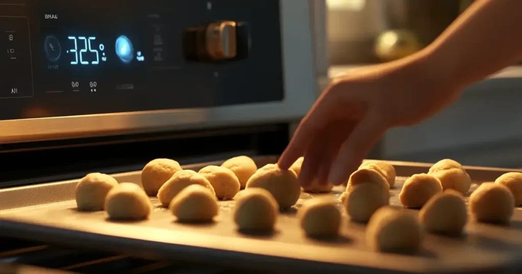 A home baker placing cookie dough balls on a baking sheet in a modern kitchen, with the oven display showing temperatures set at 325°F and 350°F, demonstrating baking preparation steps.