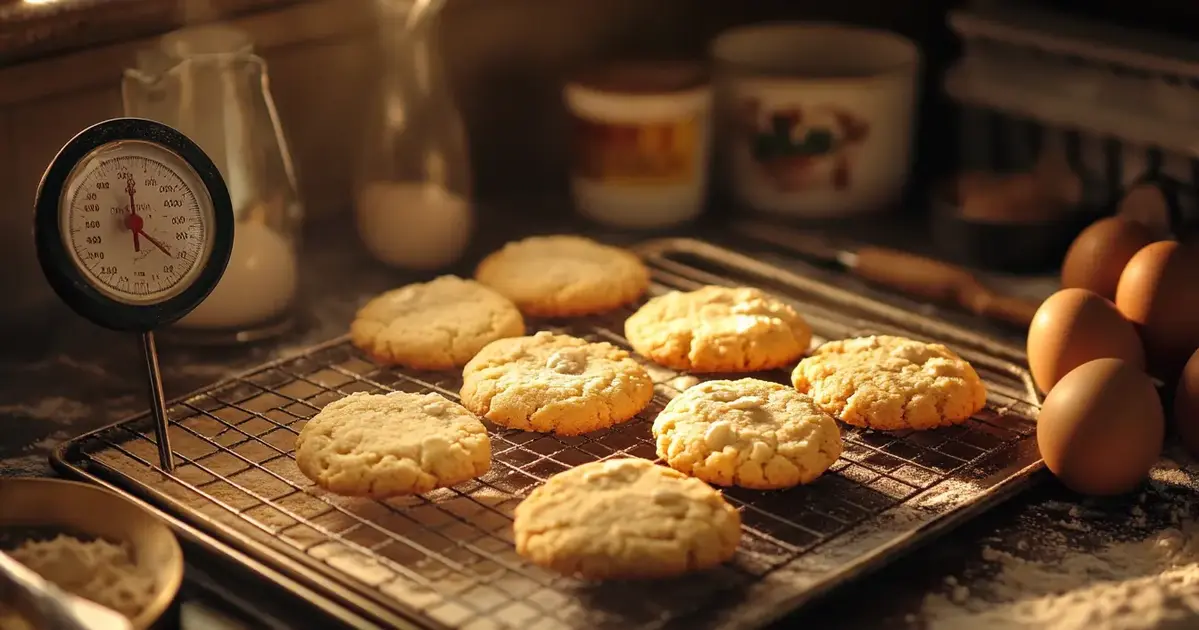 Freshly baked cookies on a cooling rack with a thermometer, surrounded by baking ingredients like flour, eggs, and measuring spoons, highlighting the best temperature for baking cookies.