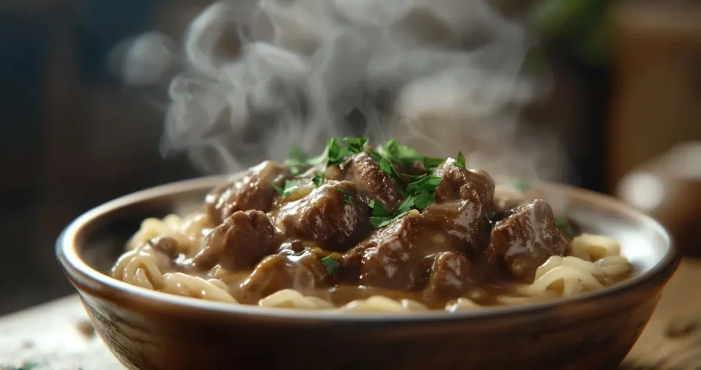 A bowl of tender crockpot beef tips and noodles, garnished with fresh herbs and served in a rustic kitchen setting, with steam rising from the dish and a warm, inviting atmosphere.