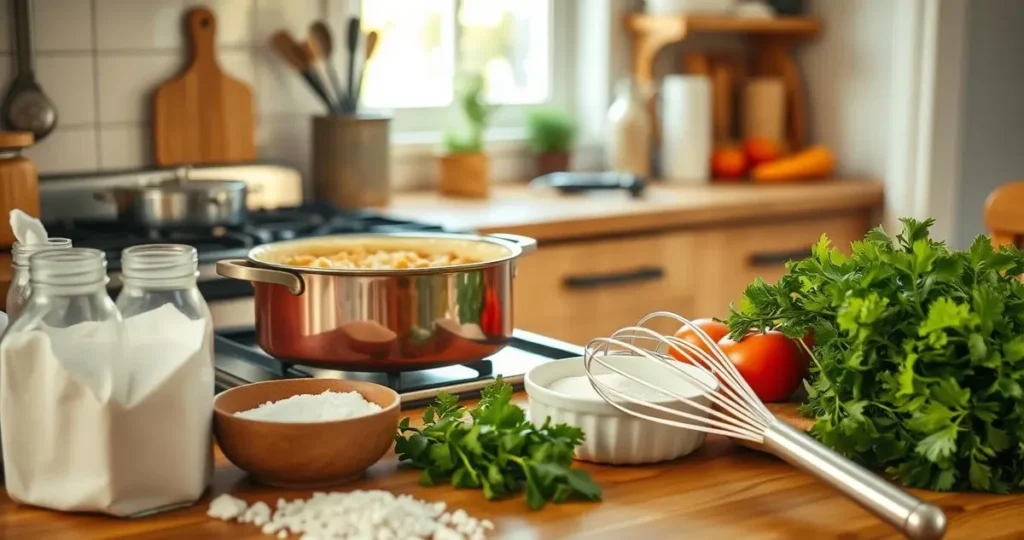 A cozy kitchen scene featuring a bubbling pot pie on the stove, with various thickening agents like flour, cornstarch, and a whisk nearby. The table is adorned with fresh herbs and vegetables ready for cooking, and warm light spills in from a window, creating a homey atmosphere.