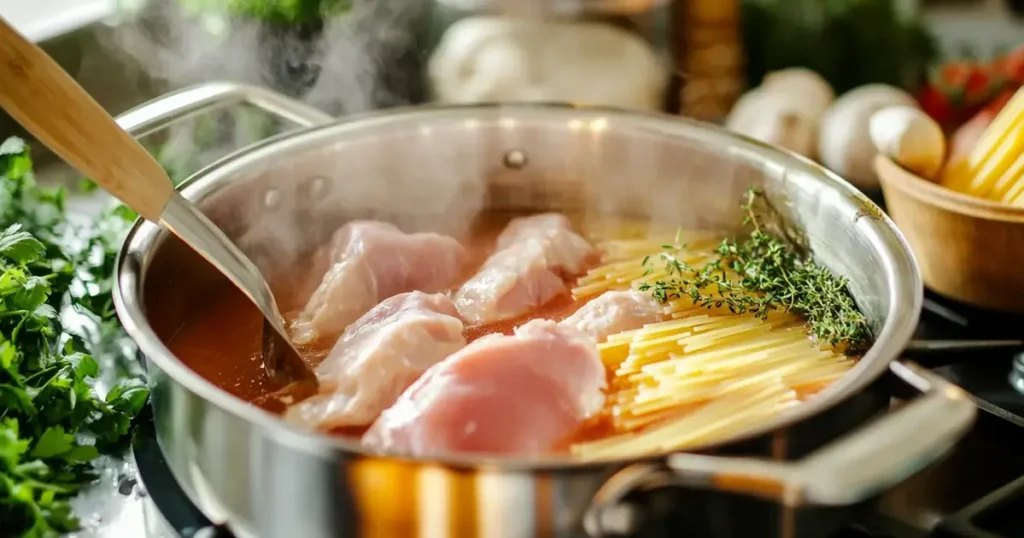 A kitchen view showing raw chicken breasts and uncooked pasta being placed together into a pot of simmering broth on the stovetop. The scene includes fresh herbs, garlic, and a wooden spoon on the counter, with steam rising from the pot, highlighting a safe and efficient one-pot cooking method.