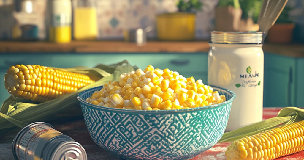 Can of corn and a creamy corn mixture in a bowl, with fresh corn, milk, and kitchen utensils on a countertop, representing a guide on substituting canned corn for creamed corn.