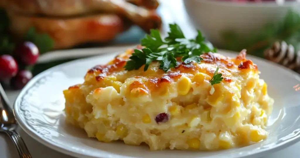 A beautifully plated portion of corn casserole garnished with parsley on a white plate, set next to a festive holiday meal featuring turkey and cranberry sauce.