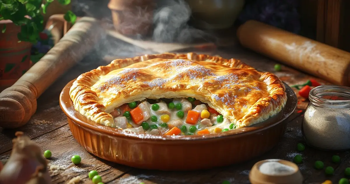 A freshly baked chicken pot pie with a golden crescent roll crust, displayed in a round baking dish on a rustic wooden table. Ingredients like chicken and mixed vegetables are scattered nearby, evoking a cozy homemade vibe.