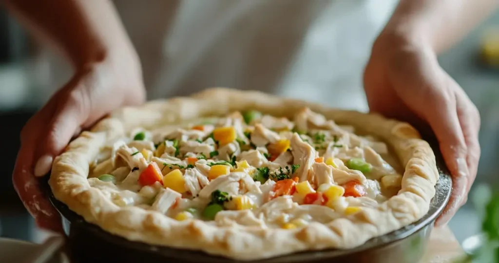 A person assembling a chicken pot pie, spreading creamy filling into a dish and draping crescent roll dough over the top, with a rustic kitchen setting in the background.