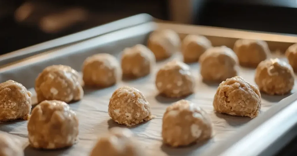 Evenly spaced cookie dough balls on a parchment-lined baking sheet, ready for the oven, highlighting proper cookie preparation before baking.