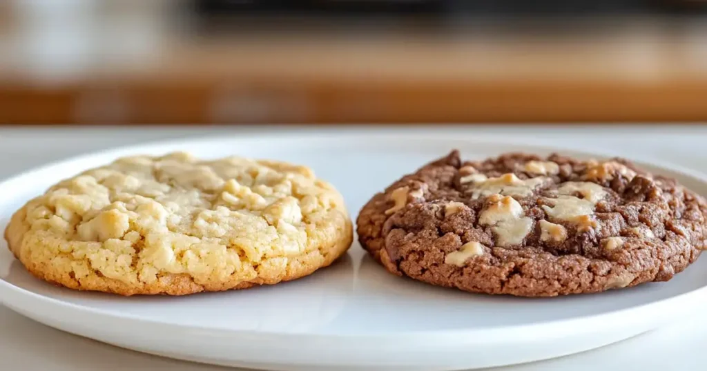 Close-up of two cookies on a white plate: one is soft and thick, baked at 325°F, and the other is thinner and crispier from baking at 350°F, clearly showing the texture differences.