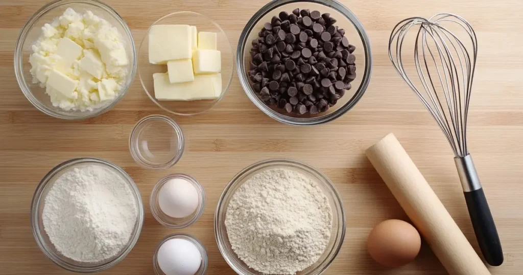 Ingredients for baking cookies, including flour, sugars, butter, eggs, and chocolate chips, arranged neatly on a wooden surface.