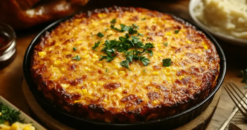 A holiday table featuring a corn casserole with a golden crust, topped with melted cheese and garnished with fresh parsley, surrounded by traditional dishes like roasted turkey and mashed potatoes.