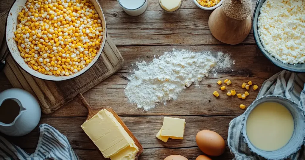 Overhead view of a rustic wooden kitchen counter with neatly arranged ingredients for corn casserole, including corn kernels, creamed corn, eggs, butter, milk, and cornbread mix, illuminated by soft natural light.