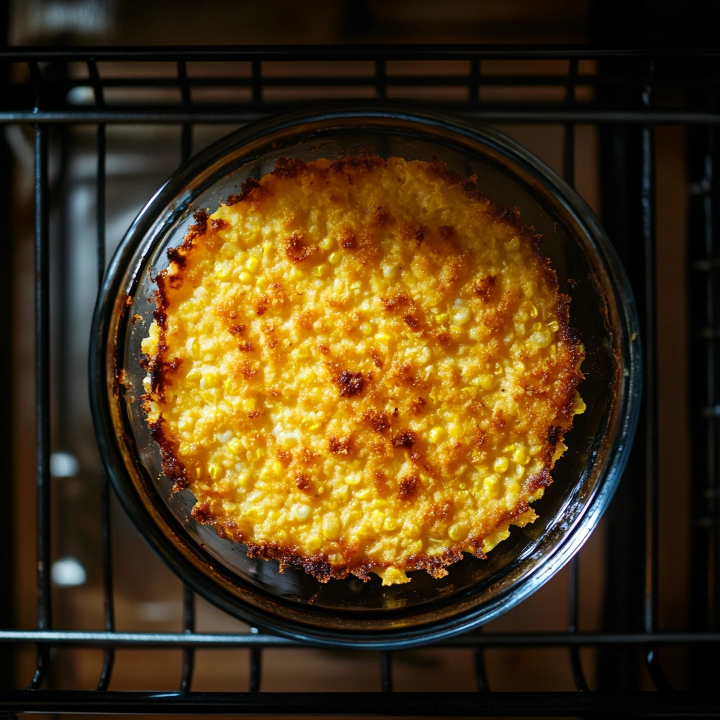 An overhead view of a corn casserole in the oven, showing a golden-brown crust developing on top. The casserole dish sits securely on a rack in a sleek, modern oven, with the center firming up and only slight movement visible when shifted.