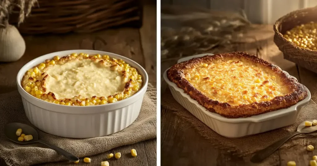 Side-by-side comparison of corn pudding, creamy and golden in a round dish, and corn casserole, firm with a golden crust in a rectangular dish, displayed on a rustic table setting.