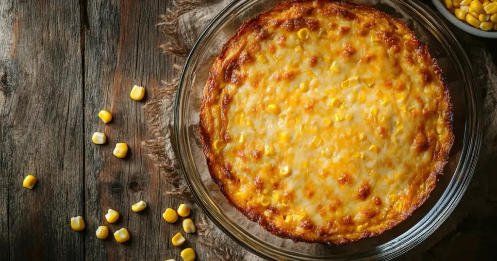 Golden-brown corn casserole in a glass dish, topped with melted cheddar cheese, served on a rustic wooden table with scattered corn kernels.