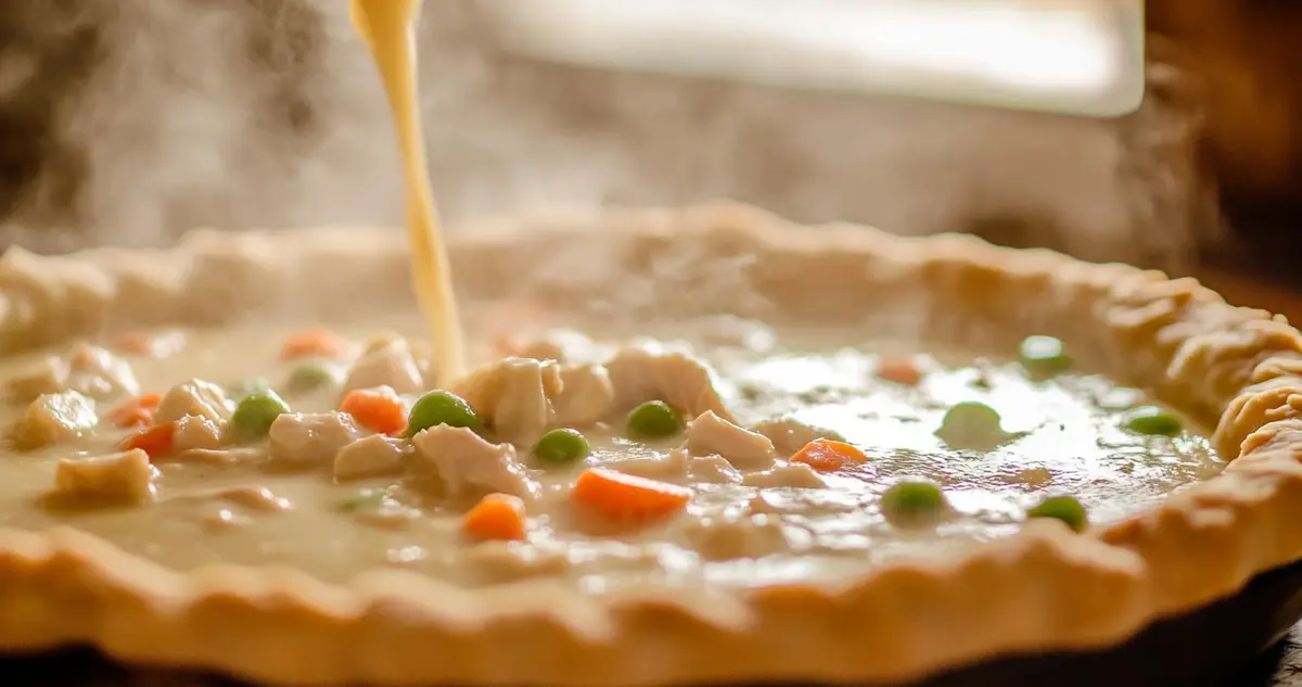 A close-up view of creamy chicken pot pie sauce being poured into a pie crust, showcasing its smooth texture with visible chunks of chicken, peas, and carrots, surrounded by a cozy kitchen atmosphere.