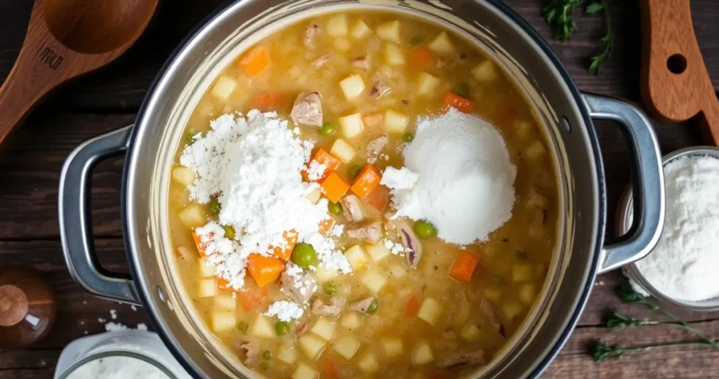 Close-up view of a creamy pot pie filling being thickened, showcasing a simmering pot with ingredients like diced vegetables, tender meat, and a rich broth, with flour and cornstarch on the side, surrounded by a rustic kitchen setting with wooden utensils and scattered herbs.