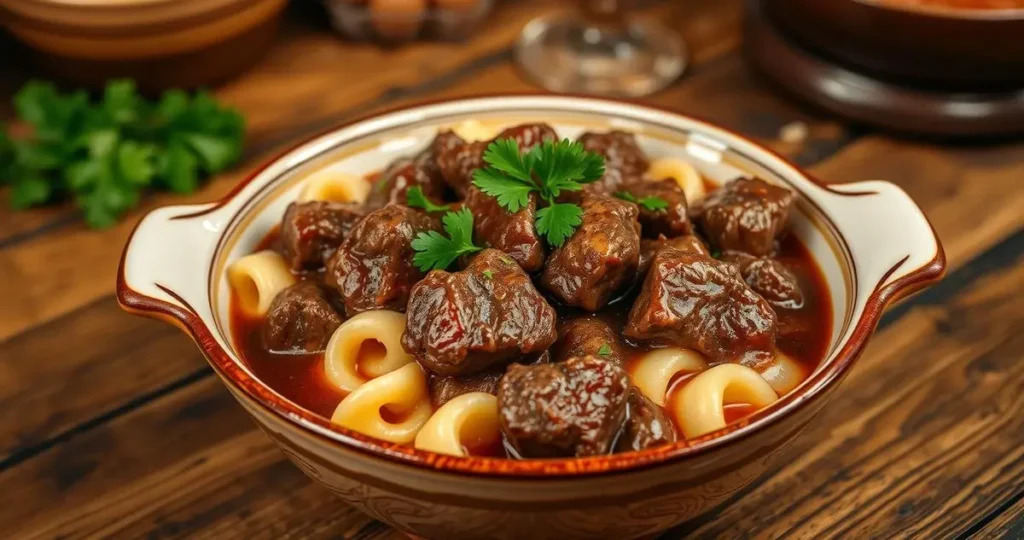 A steaming bowl of tender beef tips in a rich, savory gravy, surrounded by fluffy egg noodles, garnished with fresh parsley. The scene captures a cozy kitchen atmosphere with warm lighting, showcasing the delicious meal in an elegant ceramic bowl on a rustic wooden table.