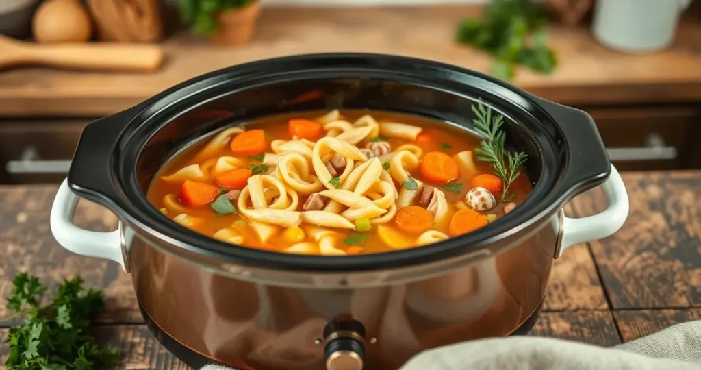 A warm and inviting crockpot filled with chicken noodle soup featuring dry pasta, surrounded by vibrant vegetables like carrots, celery, and parsley. The soup steams gently, showcasing a rich golden broth. The crockpot sits on a rustic wooden table, with a cozy kitchen backdrop in soft focus, evoking a homely, comforting atmosphere.