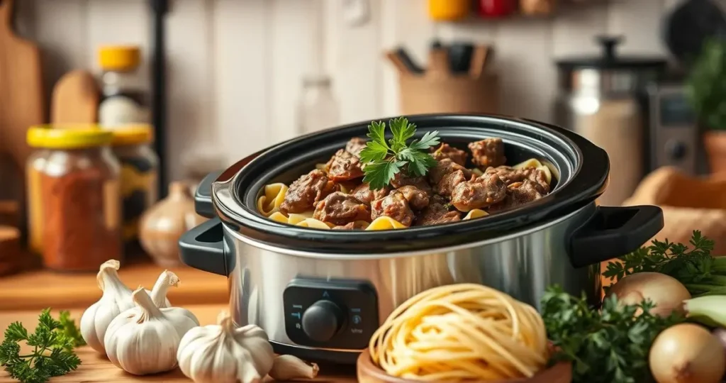 A cozy kitchen scene featuring a modern crockpot filled with tender beef tips and noodles, surrounded by fresh ingredients like garlic, onions, and herbs. Soft, warm lighting highlights the textures of the dish and the rustic kitchen decor, including wooden countertops and colorful spices in jars. A sprig of parsley garnishes the dish for a touch of freshness.