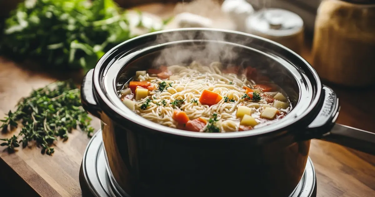 An inviting kitchen scene with a crockpot filled with dry noodles, broth, and vegetables, ready to cook, surrounded by fresh herbs and a cozy ambiance.