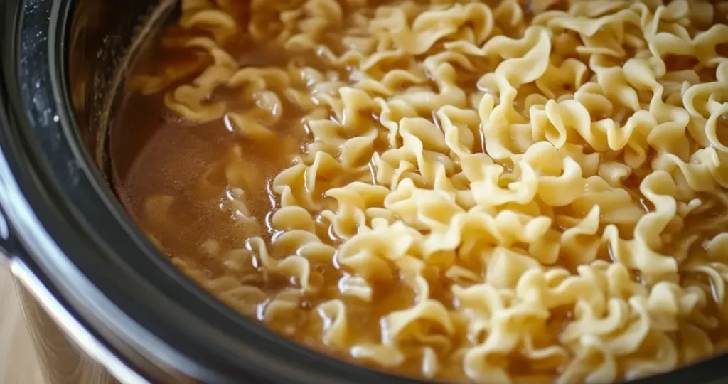 Overcooked egg noodles in a crockpot, illustrating the mushy texture that can result from improper slow cooking techniques.