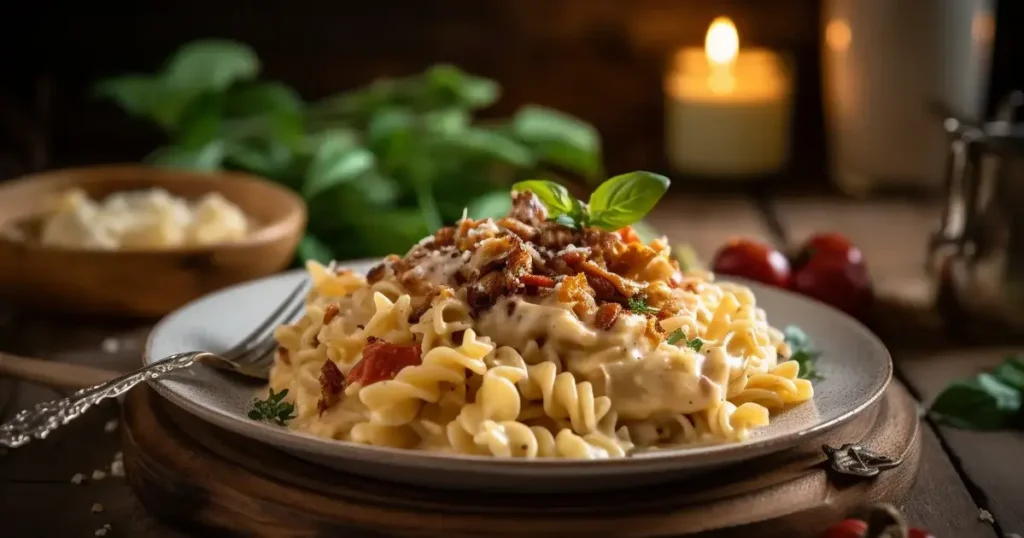 A plate of Marry Me Chicken Pasta with creamy sauce, sun-dried tomatoes, and fresh basil garnish on a rustic wooden table. The background features softly blurred wedding rings and a love note, creating a warm and romantic atmosphere.