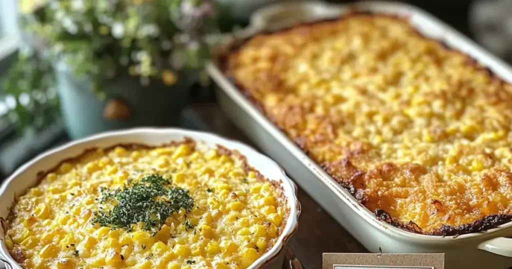 Two labeled dishes side by side: a creamy, golden corn pudding in a round dish with a custard-like texture, and a firm corn casserole with a crispy, bread-like top in a rectangular dish, styled on a countertop in a cozy kitchen setting.