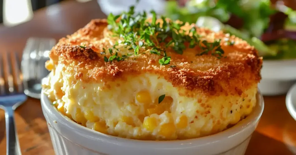 Golden-brown corn casserole with a fluffy texture, topped with crispy breadcrumbs and fresh herbs, served on a wooden table with dining utensils and a side salad.