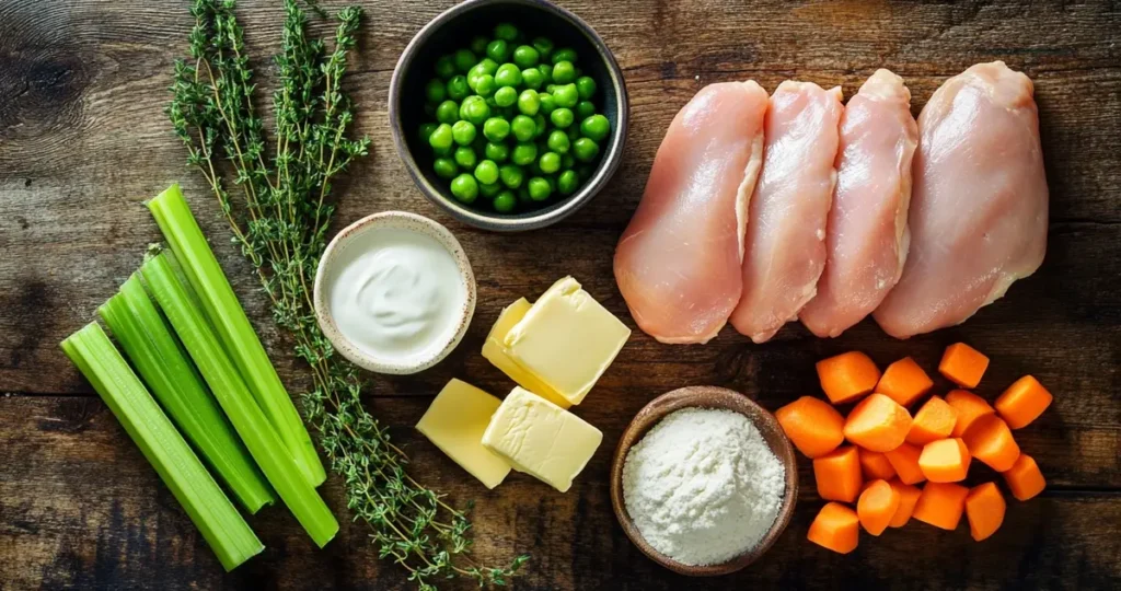 A flat lay of ingredients for chicken pot pie with crescent rolls, featuring raw chicken breasts, fresh vegetables, a bowl of cream, butter, and crescent roll dough on a rustic wooden table.