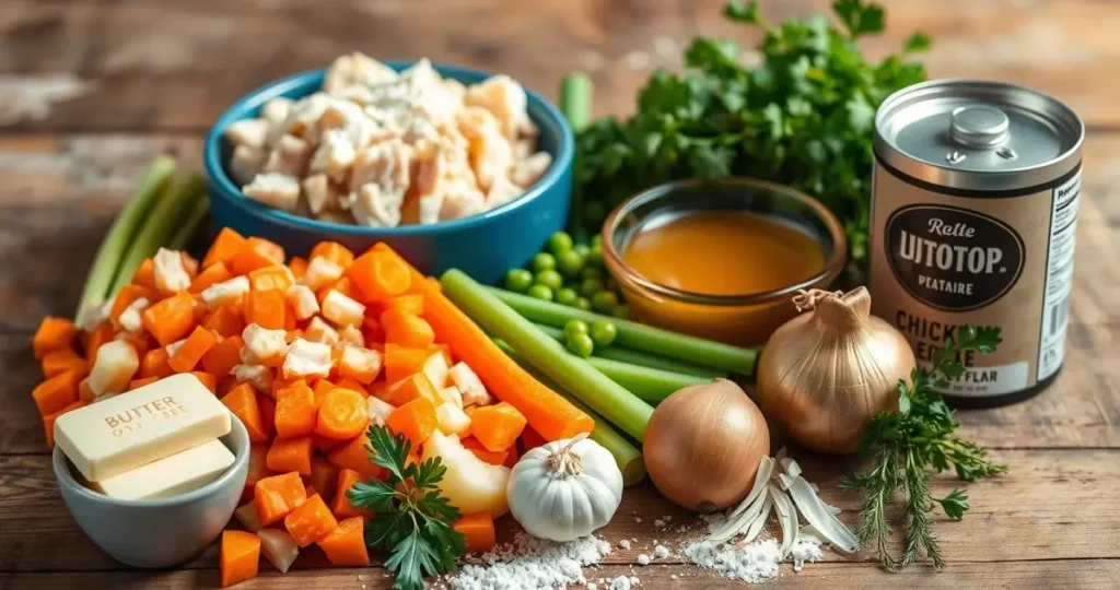 An artistic arrangement of fresh ingredients for chicken pot pie sauce, featuring diced cooked chicken, carrots, peas, potatoes, celery, onion, garlic, butter, flour, chicken broth, and herbs like thyme and parsley, all displayed on a rustic wooden table with a soft-focus background.