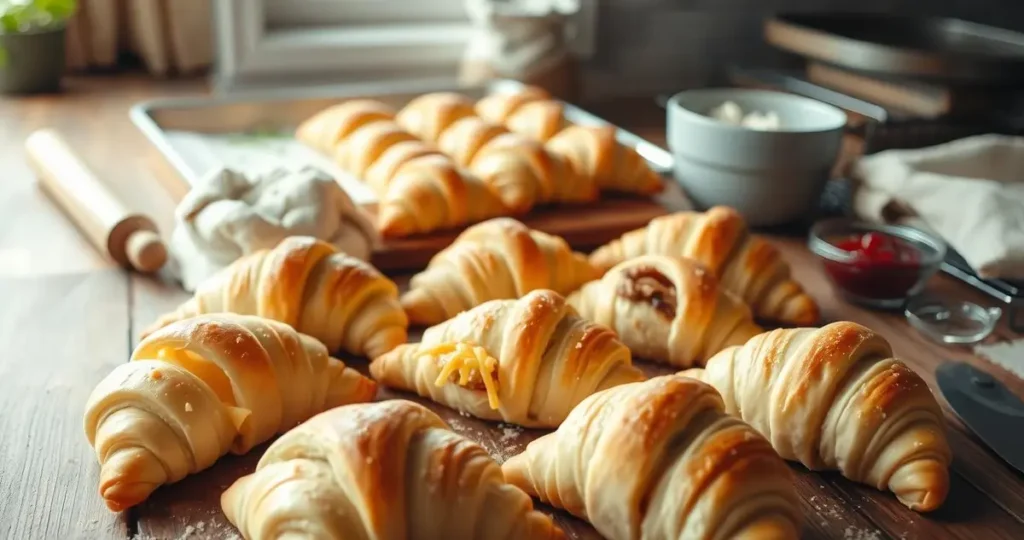 A beautifully arranged kitchen scene featuring freshly baked crescent rolls on a rustic wooden table, surrounded by various baking tools like a rolling pin, flour sack, and mixing bowl. Soft natural light filters through a window, illuminating the golden flaky layers of the crescent rolls, with some filled with cheese and others with fruit preserves. In the background, a baking sheet and cooling rack add depth to the composition, creating an inviting atmosphere that highlights the ease of using crescent rolls in baking.