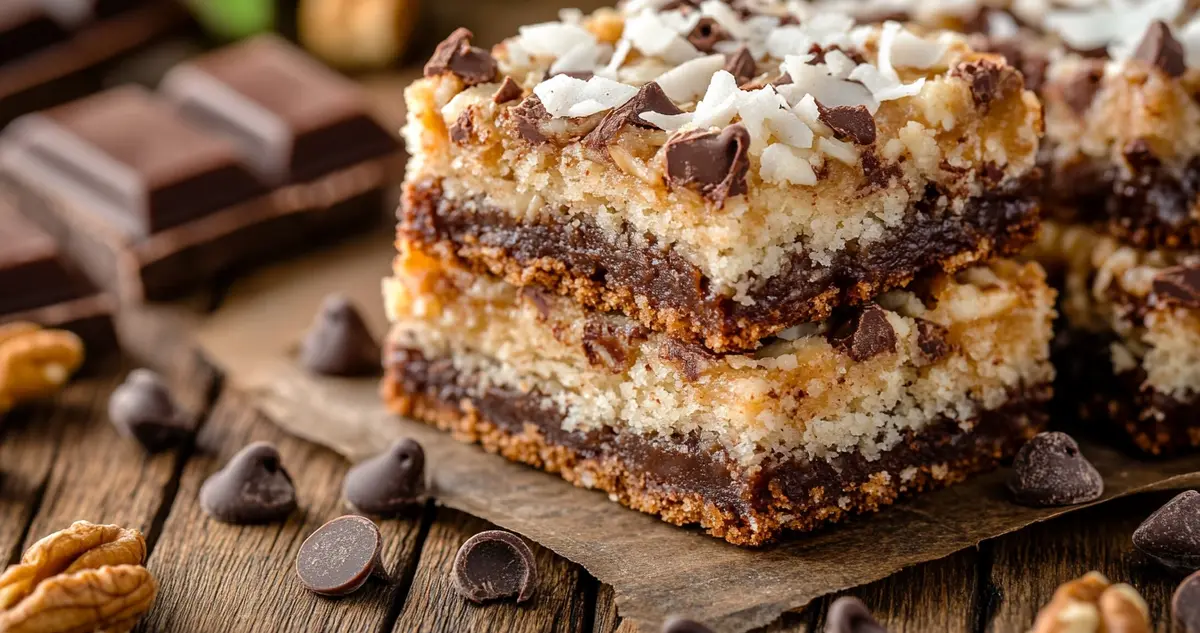 Delicious seven-layer bars displayed on a rustic wooden table, showcasing vibrant layers of chocolate, coconut, and nuts, with ingredients like chocolate chips and coconut flakes surrounding them.