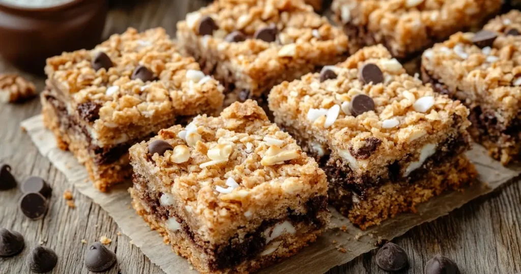 Freshly baked 7 Layer Bars cut into squares, displaying distinct layers of graham cracker crust, condensed milk, chocolate chips, coconut, and nuts. The bars are styled on a rustic wooden table surrounded by scattered baking ingredients, with warm lighting highlighting their rich textures and vibrant colors.