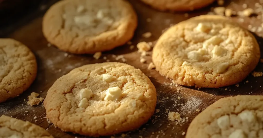 A close-up view of freshly baked cookies with gooey centers and golden, slightly crisp edges, displayed on a wooden tray with scattered crumbs. The warm lighting enhances their soft and chewy texture.