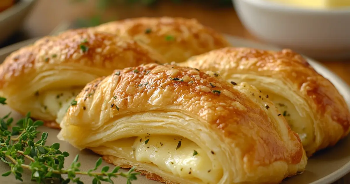 A close-up of a dish made with Pillsbury crescent rolls instead of puff pastry, showing a golden, flaky crust with a savory or sweet filling, surrounded by ingredients and soft, warm kitchen lighting.