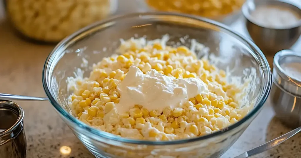 Step-by-step preparation of Paula Deen corn casserole showing a bowl of mixed ingredients, including creamed corn, corn muffin mix, and sour cream, with measuring spoons on a clean countertop.