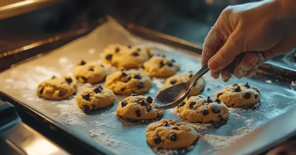 A cozy kitchen setup showing cookie dough being dropped onto a parchment-lined baking sheet, with golden brown dough speckled with chocolate chips and flour dusting the countertop.