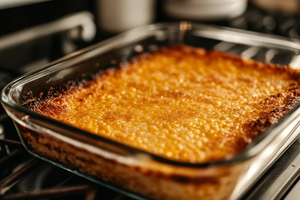 A close-up of a freshly baked corn casserole in a rectangular glass dish. The casserole's top is golden brown with crisp edges and a slightly cracked surface, suggesting a perfectly cooked texture. The dish rests on a stovetop in a warm and inviting kitchen setting.