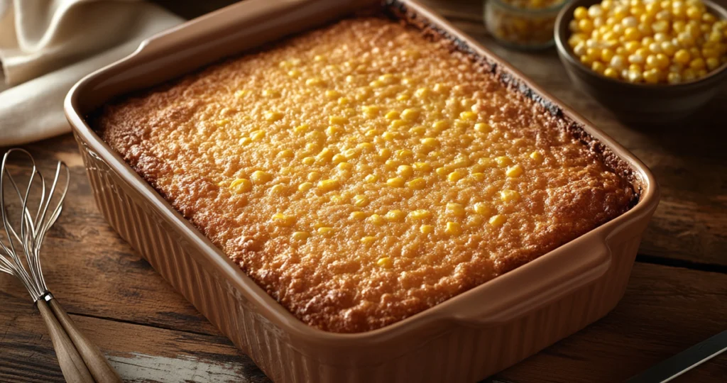 Perfectly baked corn casserole with a golden-brown, slightly crispy top, served in a ceramic baking dish on a rustic wooden table surrounded by kitchen tools and ingredients.