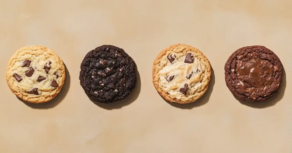 Side-by-side comparison of cookies baked at different temperatures, labeled with crisp, chewy, and underbaked textures, showcasing how baking temperature affects cookie results.