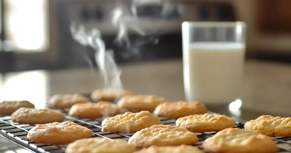 A close-up of freshly baked cookies cooling on a wire rack, steam rising gently, set against a rustic kitchen backdrop with a glass of milk adding a homey touch.