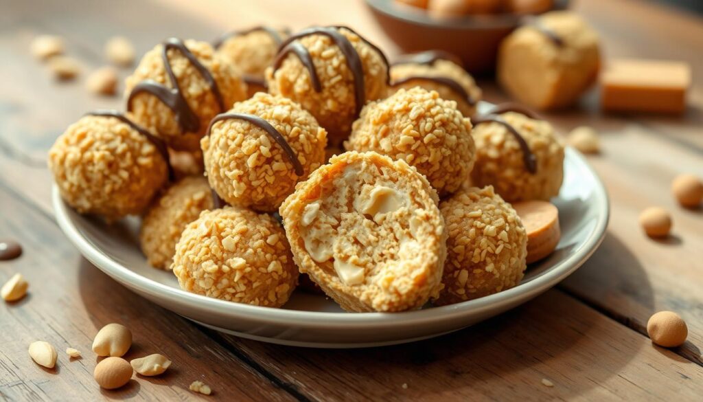 A close-up of a plate filled with homemade Butterfinger balls, showcasing their golden, crunchy exterior and smooth, creamy interior. The setting includes a rustic wooden table, with a few scattered crushed peanuts and chocolate drizzles. Soft natural lighting highlights the texture and richness of the treats, creating an inviting atmosphere that emphasizes their deliciousness.