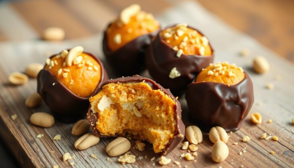 A close-up view of homemade Butterfinger balls arranged on a rustic wooden table, showcasing their rich orange and chocolate colors, with a sprinkle of crushed peanuts around them, and a soft natural light highlighting their creamy texture.