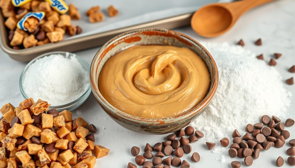 A vibrant, colorful flat lay of essential ingredients for making Butterfinger Balls, featuring crushed Butterfinger candy bars, creamy peanut butter in a rustic bowl, sweet powdered sugar in a heap, and rich milk chocolate chips scattered around. Include a wooden spoon and a baking tray in the background, with a light and inviting kitchen atmosphere.