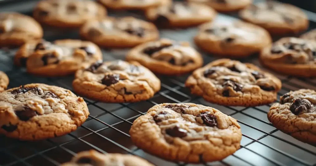 An inviting scene of freshly baked cookies on a wire rack, showcasing the differences in texture between baking at 325°F and 350°F, with golden-brown edges, soft centers, and a warm kitchen atmosphere.