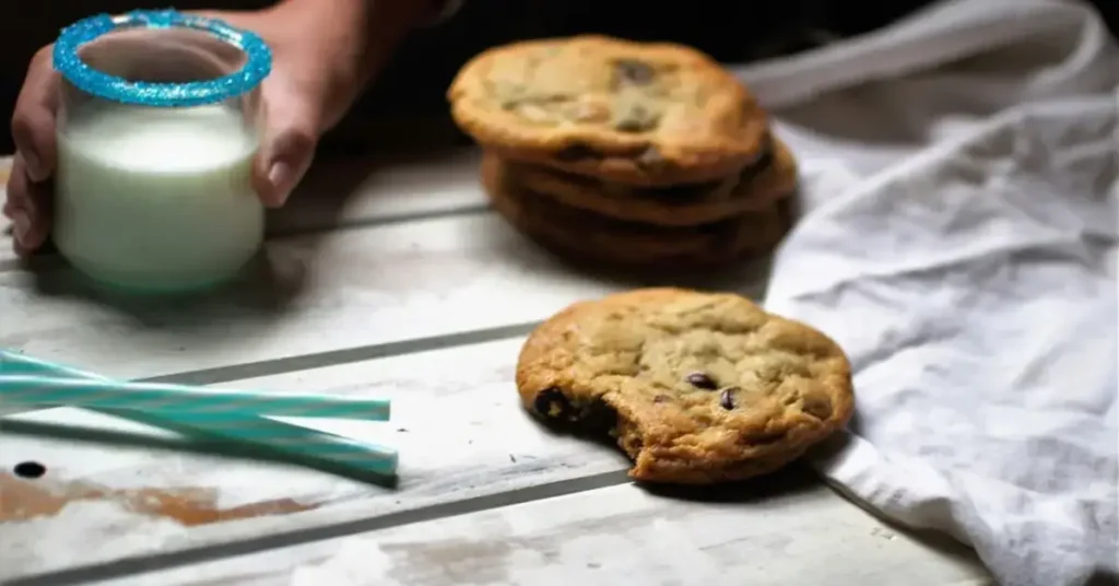 A tray of perfectly baked Nestle chocolate chip cookies cooling on a wire rack, with golden brown edges and melty chocolate chips, set in a cozy kitchen environment with a bag of Nestle Toll House chocolate chips and a wooden spoon in the background.