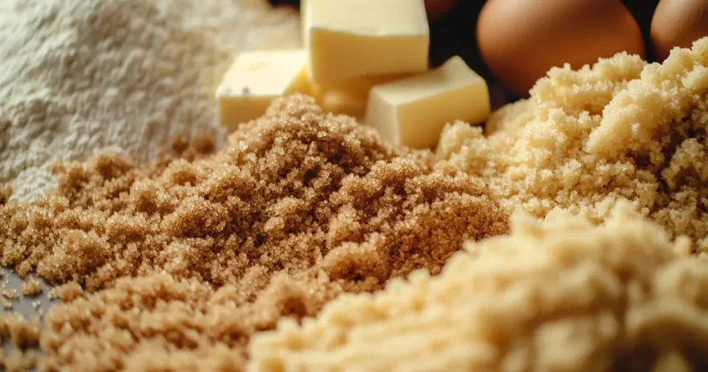 A close-up of essential cookie ingredients on a kitchen counter: flour, brown sugar, eggs, butter, and vanilla, with a focus on the contrast between white sugar and brown sugar.