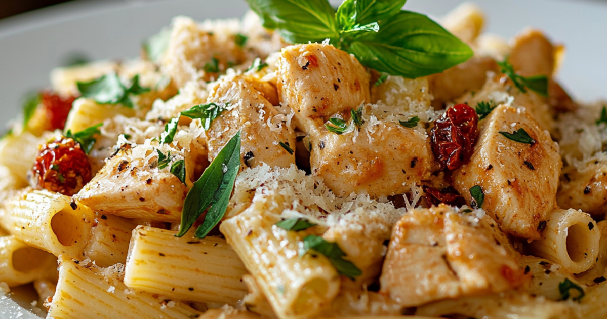 A plate of creamy pasta topped with tender chicken pieces and sundried tomato sauce, garnished with fresh basil leaves and Parmesan cheese. The dish is styled on a simple surface with warm lighting, creating an inviting and romantic dinner atmosphere.