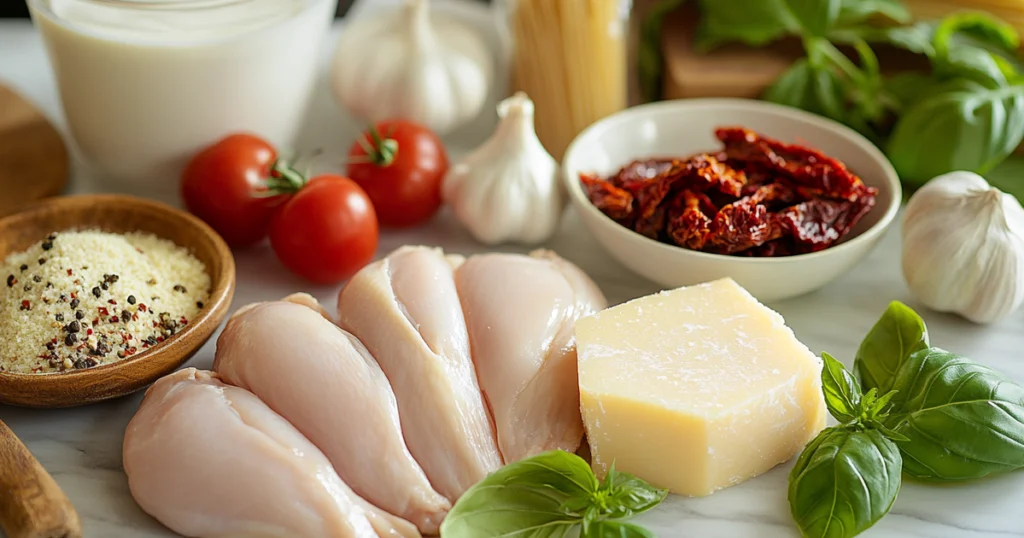 Ingredients for a creamy chicken pasta laid out on a kitchen counter: raw chicken breasts, sundried tomatoes, garlic cloves, Parmesan cheese, heavy cream, fresh basil, uncooked pasta, and spices like red pepper flakes and oregano. Perfect setup for a romantic dinner recipe or a quick chicken dinner.