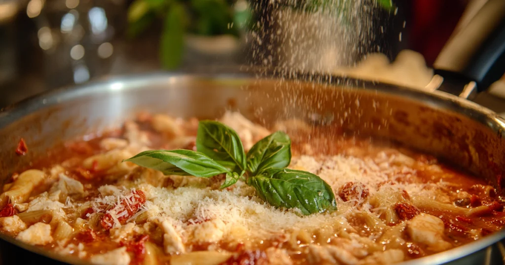 Cooked pasta being tossed in a creamy sundried tomato sauce with chicken chunks and Parmesan cheese in a large saucepan. A sprig of basil is added as garnish, creating a delicious cheesy pasta dish for a quick chicken dinner or romantic dinner recipe.