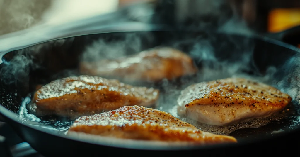 Seasoned chicken breasts searing in a cast-iron skillet to golden perfection, with steam rising and garlic cloves sizzling. A cozy kitchen scene highlighting the process of making a sundried tomato chicken pasta as part of a romantic dinner recipe.